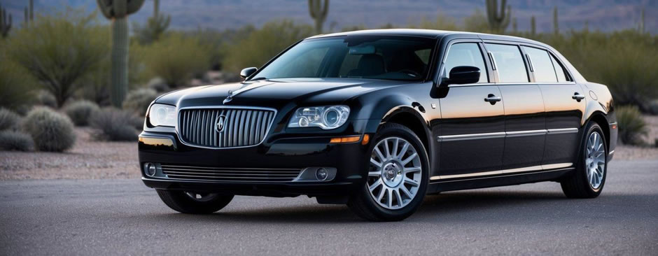 A sleek black limousine parked in front of a desert landscape with cacti and mountains in the background