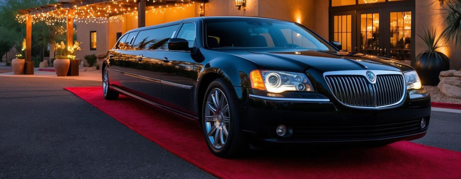 A sleek black limousine parked outside a luxurious event venue in Cave Creek, Arizona, with twinkling lights and a red carpet leading to the entrance